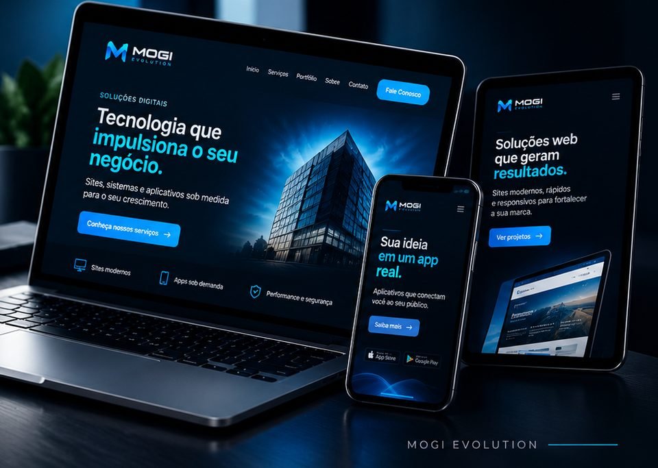 Notebook, tablet e smartphone exibindo sites e aplicativos desenvolvidos pela Mogi Evolution